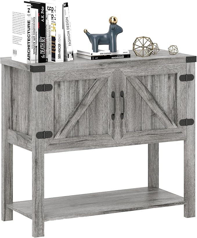 HOMCOM Farmhouse Double Door Coffee Bar Cabinet, Console Table, Sideboard Buffet Cabinet with Bottom Shelf for Entryway, Living Room, Stone Gray