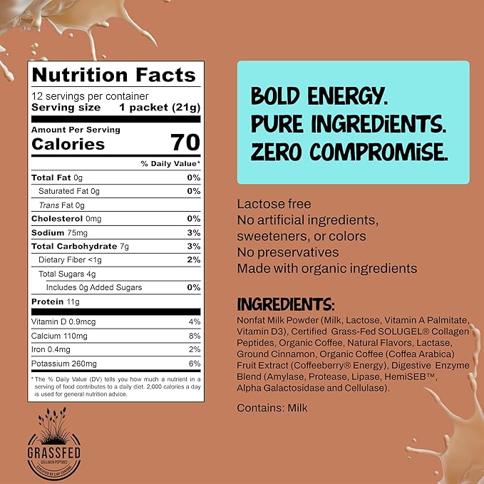 Projo* Power Coffee – Instant Coffee with 11g Protein – Grass-Fed Hydrolyzed Bovine Collagen & 175mg Caffeine – Cinnamon Latte Flavor – Organic – Energy Support – 12 Single-Serve Packets