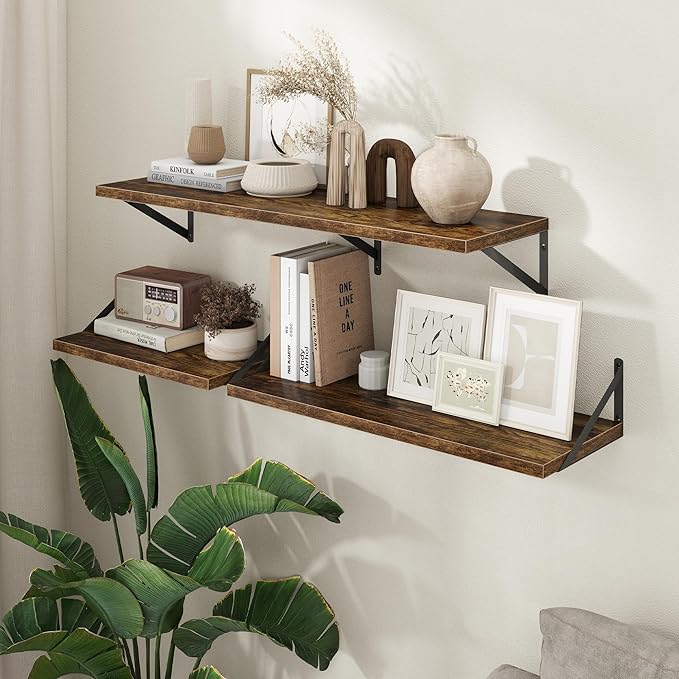 Axeman Deep Floating Shelves - 40 Inch Floating Shelves Set of 2-12 Inch Deep Brown Wood Wall Shelves for Living Room Bathroom Kitchen