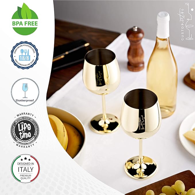 Gusto Nostro Stainless Steel Wine Glass - 18 oz Unbreakable Gold Wine Glasses for Travel, Camping and Pool - Fancy, Unique and Cute Portable Metal Wine Glass for Outdoor Events, Picnics (Set of 2)