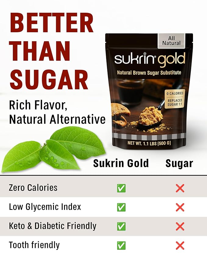 SUKRIN GOLD 100% Natural Sugar Free Brown Sugar Substitute with Erythritol & Stevia Brown Sugar Zero Calorie Sweetener, Granulated Gluten Free Non-GMO Kosher Blood Sugar Vegan Keto Friendly, 1.1LB Bag
