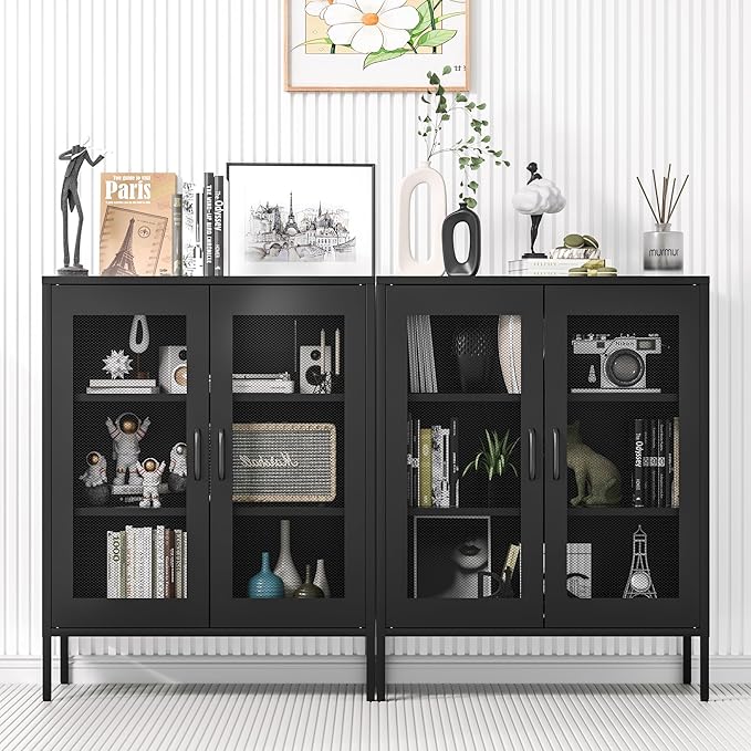Black Metal Storage Cabinet,Metal Locker Storage Cabinet with 2 Mesh Doors and Adjustable Shelves,Kitchen Pantry Cabinets for Home,Sideboard,Living Room,Office(40" H)