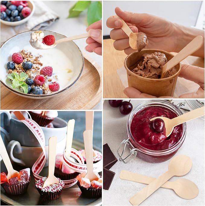 LotFancy 200 Mini Wooden Spoons, 4 Inch Length, Biodegradable Compostable Eco-friendly Birchwood Taster Spoons