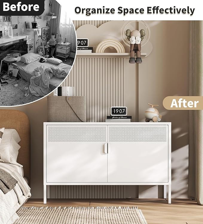 White Metal Storage Cabinet with 2 Doors - 25''H TV Stand, 2 Tier Locker with Adjustable Shelves, Multipurpose TV Cabinet for Office, Home, Living Room, Kitchen