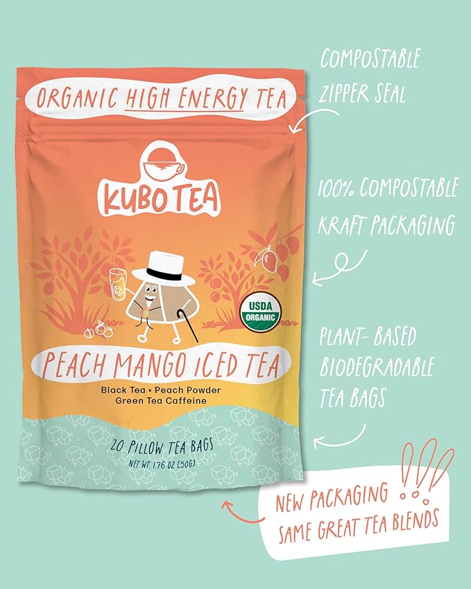 High Caffeine Iced Tea (155 mg) - Kubo Tea: Organic Peach Mango Black Tea Bags for Clean Energy & Focus | Healthy Coffee Substitute | High Energy Iced Blend | 20 Ct | Compostable Packaging