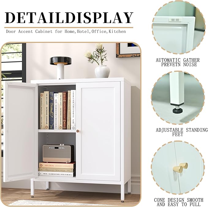 Small 2 Transparent Door Metal Storage Side Buffet Cabinet for Bed Room,Living Room,Entryway,Hallway,Home,Hotel,Office,Garage,Kitchen,1 Removable Shelf. (Square Door, White)