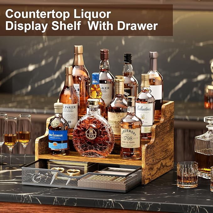 Liquor Bottle Display Shelf with Drawer, 3 Step Countertop Bar Shelves, Coffee Syrup Rack Organizer, Mini Bar, Retro Wine Rack Storage Shelves Stand for Liquor Whiskey Wine