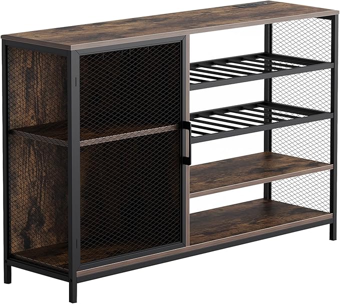 Wine Bar Cabinet with USB Charging & RGB Lights, Modern Liquor & Coffee Bar Station with Adjustable Shelves, Glass Holder, for Kitchen, Living Room, Dining Room