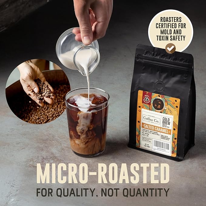 Inspired Coffee Co Cold Brew Coffee - Salted Caramel Flavored - Coarse Ground Beans For Perfect Medium Roast Low Acid Smoother Taste - 100% Arabica Grounds 12 oz. brew Resealable Bag