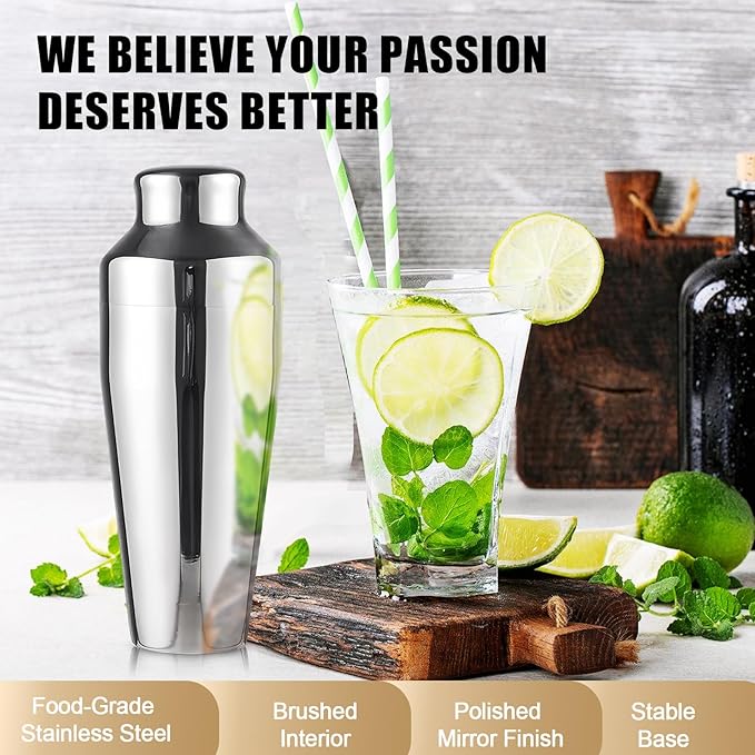 Cocktail Shaker, Martini Shaker, 24oz Stainless Steel, Leakproof Alcohol Bartending, Mirror Finish, Drink Shaker for Cocktails, Christmas Gifts for Men（Silver）