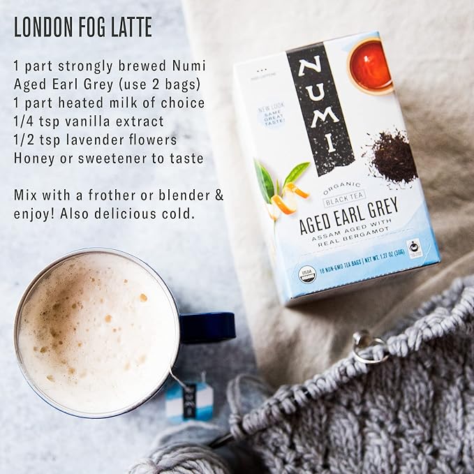 Numi Organic Aged Earl Grey Tea, 100 Black Tea Bags, Flavorful Assam Aged Tea with Real Bergamot