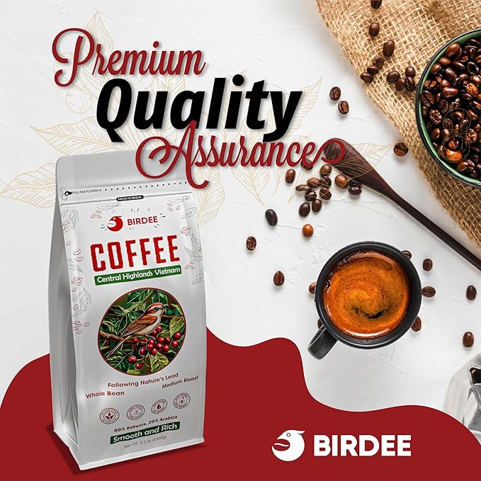 Birdee Vietnamese Coffee Beans - 2.2 LB, Whole Bean, Medium Roast, Robusta Arabica Blend, Strong Bold Flavor, Low Acidity, Fresh Resealable Bag, Ideal for Phin, Espresso, French Press, Cold Brew