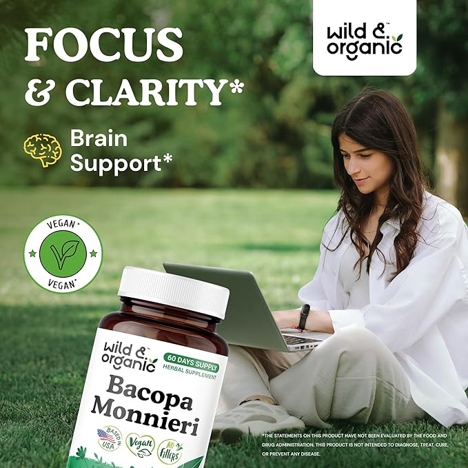 Wild & Organic Bacopa Capsules 600 mg - Brain Support - Natural Bacopa Monnieri Supplement - Brahmi Capsules - 60 Days of Supply - Vegan, No Fillers, Non-GMO - 60 Count
