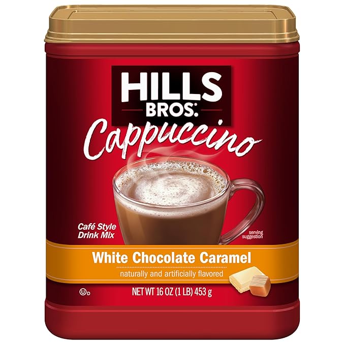 Hills Bros. Cappuccino Mix – Rich, Frothy Coffeehouse-Tasting Instant Drink Mix – Quick and Easy Preparation – Perfect for Hot & Iced Drinks & Creaming Coffee – White Chocolate Caramel, 1 Pack of 16oz