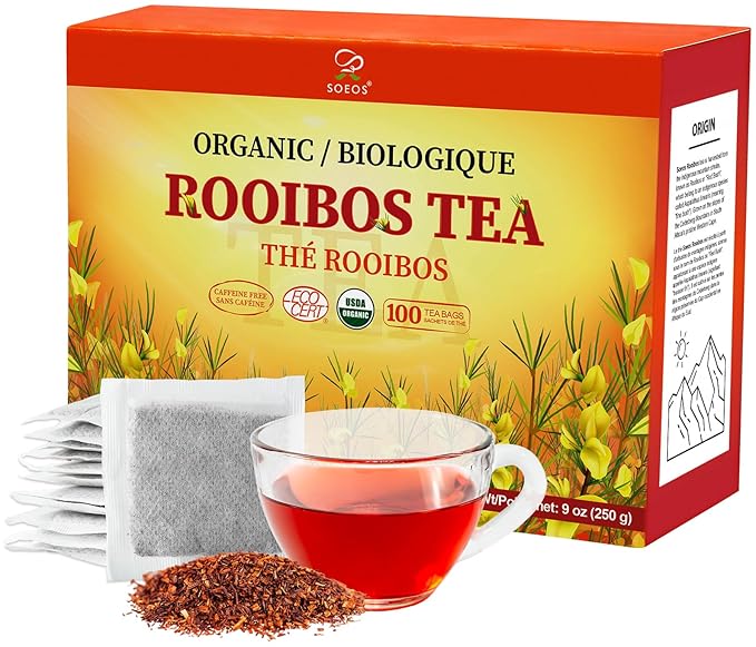 Soeos Organic Rooibos Tea, 9oz (250g), 100 Tagless Tea Bag, Naturally Caffeine Free, USDA Organic.