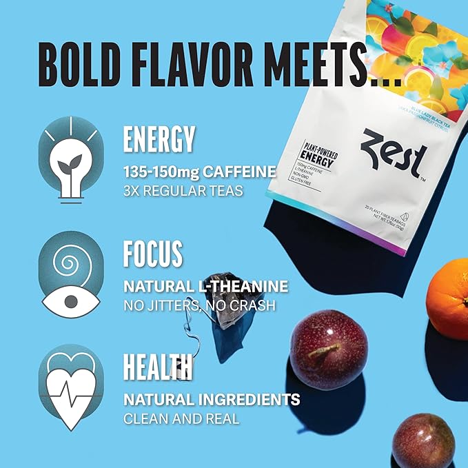 Zest Energy Tea Assortment Box – High Caffeine Tea Bags Sampler with Black & Green Tea – Caffeinated Coffee Alternative for Morning Focus – 80 Tea Bags – 135-150mg Caf per Cup – Natural, Non-GMO, Keto