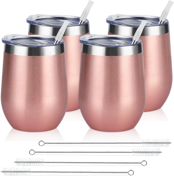 Lifecapido 4 Pack 12Oz Stainless Steel Stemless Wine Glasses, Insulated Wine Tumbler, Stainless Steel Wine Tumbler Cups with Lids and Straws for Coffee, Cocktails, Wine, Champaign, Rose Gold…