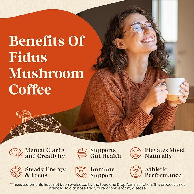 Fidus 16 in 1 Mushroom Coffee with 80,000mg Adaptogenic Mushrooms with Ashwagandha, Probiotic, Magnesium and Lion's Mane Instant Mushroom Coffee for Focus, Energy, Immunity & Digestion, 40 Servings