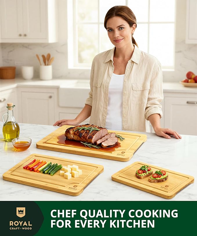 ROYAL CRAFT WOOD Premium Cutting Boards for Kitchen Meal Prep & Serving - Bamboo Wooden Serving Board Set with Deep Juice Groove Side Handles - Charcuterie & Chopping Butcher Block for Meat