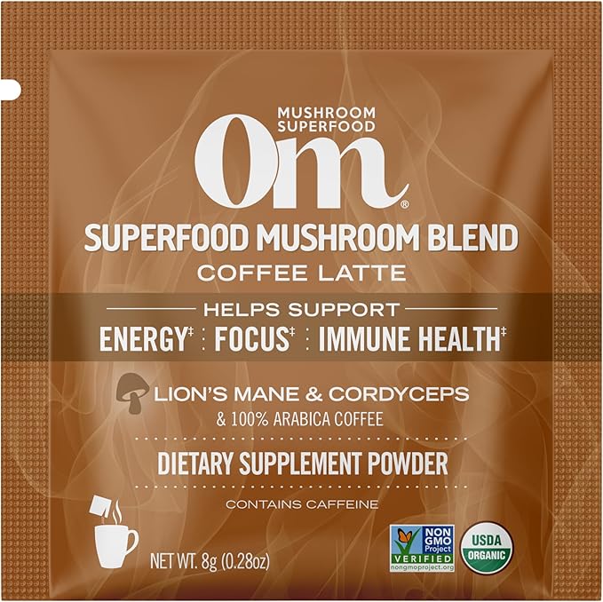 Om Mushroom Superfood Coffee Latte Blend – Functional Mushroom Powder with Lion’s Mane, Cordyceps, Reishi & Chaga – Energy, Focus & Mental Clarity Support – Single Serve Packets (10 Count)