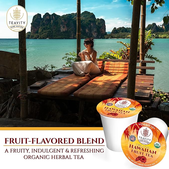 Teavity Organic Hibiscus Tea Pods with Peach, Mango, & Passionfruit - Naturally Decaf Hawaiian Fruit Tea (36 Pods)