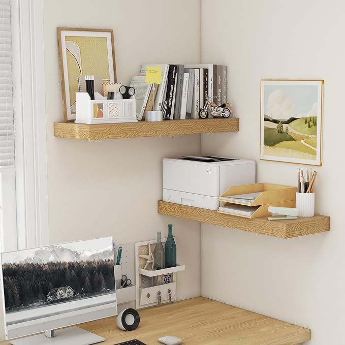 Deep Floating Shelves | 36 Inch Oak Floating Shelves Set of 2 | 12 Inch Deep Rustic Wood Shelves for Wall | 36" W x 12" D Oak Shelves for Living Room Bathroom Laundry Room Kitchen