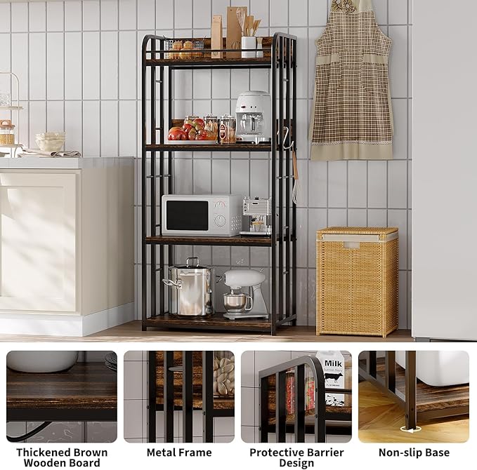 TrailBlaze 4-Tier Bakers Rack for Kitchen with Storage, Industrial Microwave Stand Shelf, Coffee Bar for Small Spaces, Free Standing Kitchen Storage Shelf Rack for Living Room