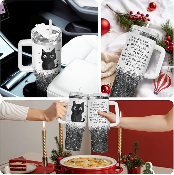 34HD Funny Black Cat Tumbler with Handle and Straw, 40oz Cute Furry Friend Travel Mug Stainless Steel, I Came I Saw Cup, Birthday Gifts for Cat Lovers Women Men