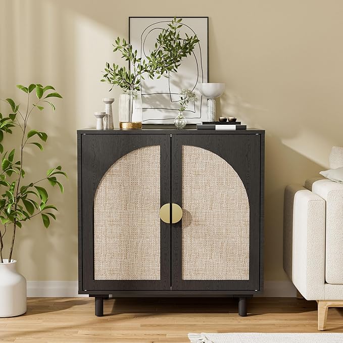 Small Buffet Cabinet, Modern Sideboard with Rattan Decorated Doors, Magnetic Latch, Adjustable Shelf, 29.8x15.7x31.5 inches, Black