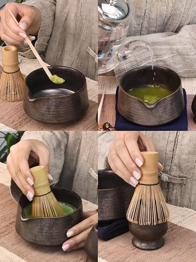 Artcome Matcha Tool Set - Complete Kit with Matcha Bowl with Spout, Bamboo Whisk, Tea Scoop & Whisk Holder, Antique Finish
