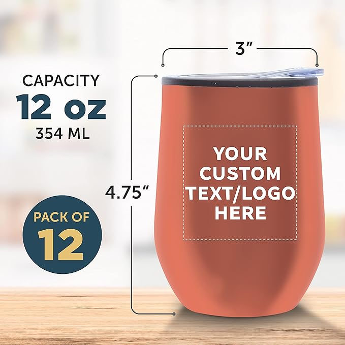 Custom Stemless Wine Tumblers 12 oz. Set of 12, Personalized Bulk Pack - Insulated, Perfect for Wine, Cocktails, Other Hot & Cold Beverages - Rose Gold