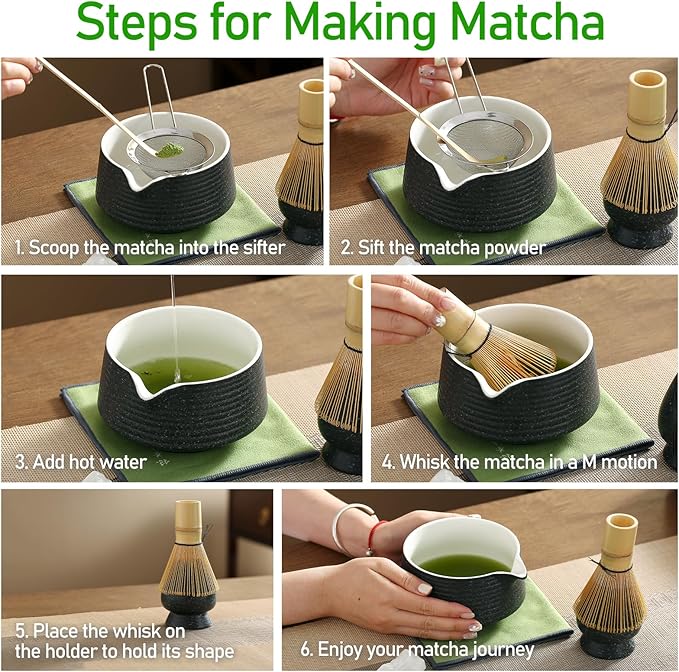Matcha Whisk Set, Ceramic Matcha Bowl with Spout, Bamboo Whisk, Scoop, Holder, Sifter, Tea Towel, 7-Piece Matcha Kit for Making Breakfast/Latte
