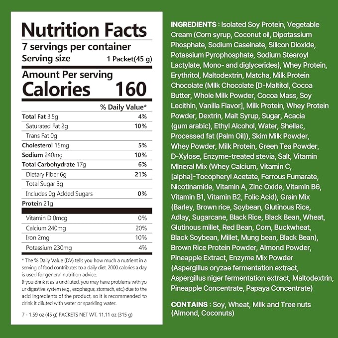 GreenTea Matcha Protein Shake, With Crunchy Protein Balls, Protein Smoothie Powder - 21g Protein, Low Sugar, Keto-Friendly Meal Replacement Shake, 1.59oz, 7packs, 7 Servings (7 Packs X 1.59 oz)