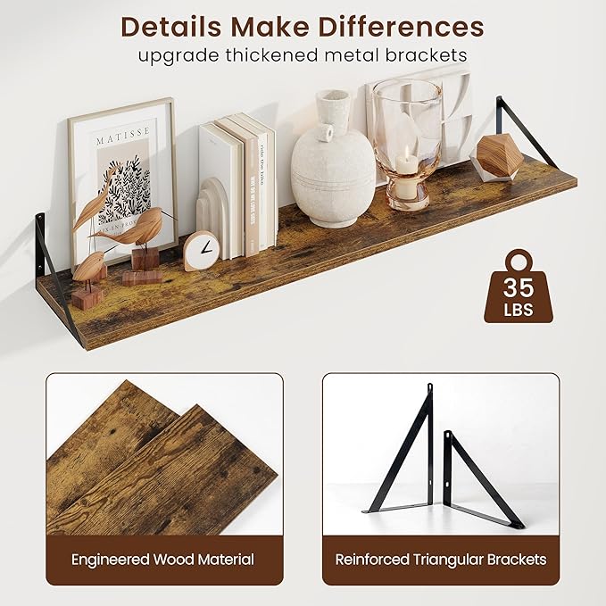 Axeman Deep Floating Shelves for Wall - 48 Inch Wide x 10 Inch Deep Floating Shelves Set of 2 -Rustic Wide Wall Shelves for Living Room Bathroom Bedroom