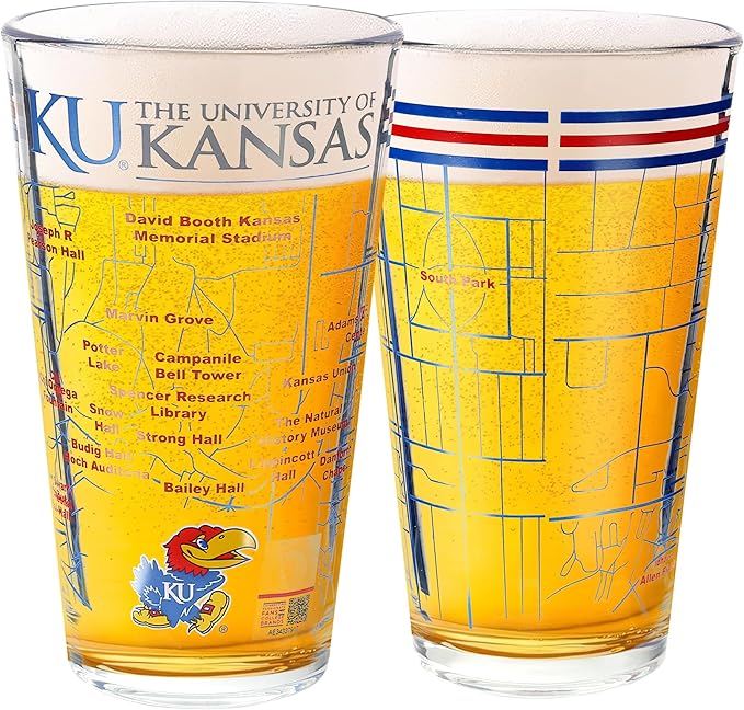 Greenline Goods – University of Kansas Jayhawks College Pint Beer Glasses (Set of 2), 16 oz – Full-Color Logo + Campus Map