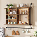 REIBII 4-Tier Industrial Pipe Shelving, 37.4" Kitchen Shelf with LED Light, Floating Shelves with 8 S-Hooks for Kitchen, Living Room, Home Office Bar, Rustic Brown