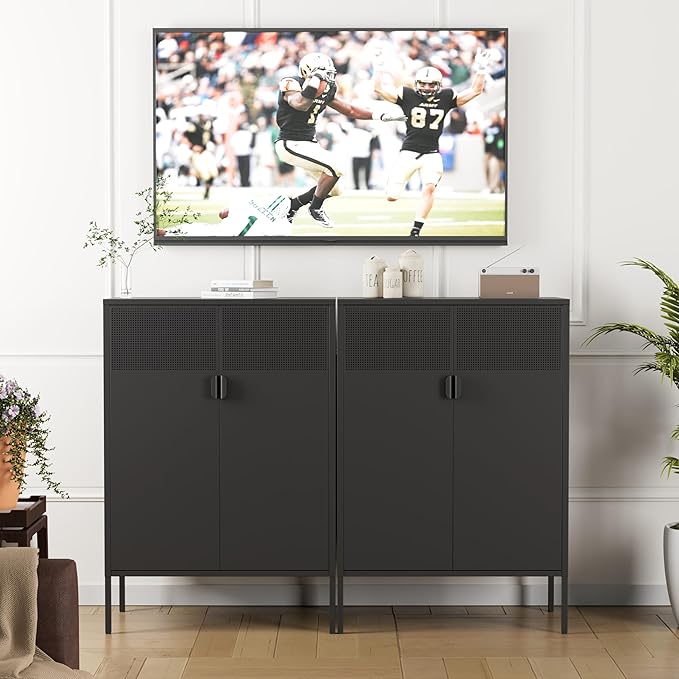 Metal Storage Cabinet,Kitchen Pantry Storage Cabinets with Doors,Buffet Cabinet with 2 Adjustable Shelves,Black Pantry Cabinets,Steel Sideboard for Home,Shoes,Office,Dining Room