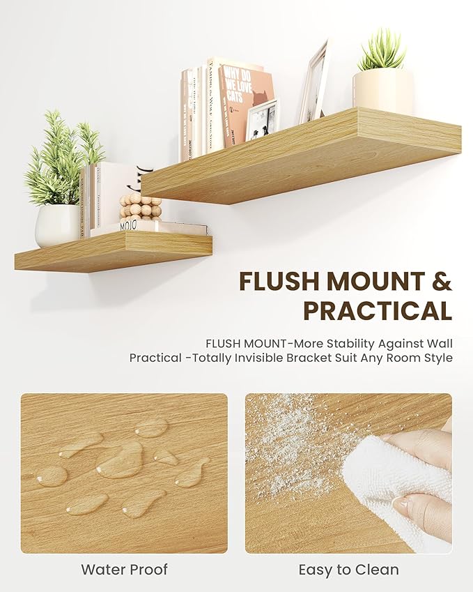 Marsmiles 40" Floating Shelves for Wall, Wooden Shelves with Invisible Brackets Set of 2, Rustic Farmhouse Wall Mounted Shelf for Kitchen Bathroom Living Room Study, Natural Oak