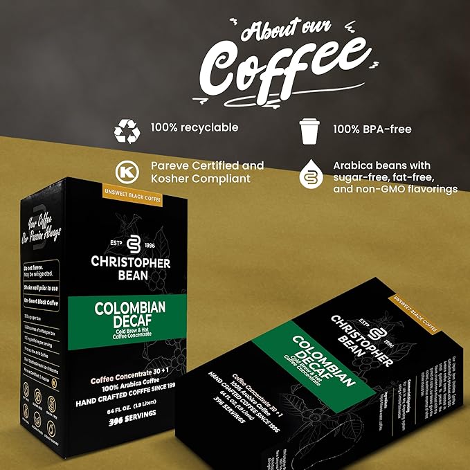 Christopher Bean Coffee - 396 servings, 30 to 1 Blend Bag in Box Liquid Instant Coffee or Cold Brew Coffee Concentrate - Hot or Iced Coffee - Decaf Colombian