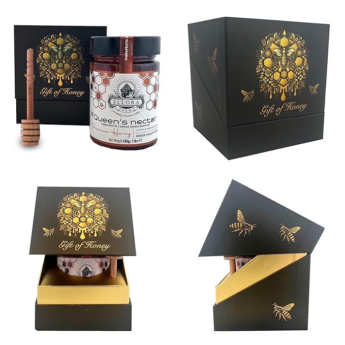 Ellora Farms Greek Honey, Lemon & Orange Blossom Raw Unpasteurized Honey, 2025 Paris Platinum Award, Non-GMO and Unpasteurized, Gift Pack with Dipper - 450g (16oz)