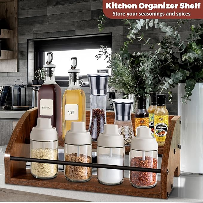 Rustic Wooden Countertop Organizer- Liquor Bottle Display Shelf, Coffee Syrup Rack, Mini bar, Liquor Cabinet, Home Retro Bar Shelf Stand for Liquor Whiskey, Spirits - Brown