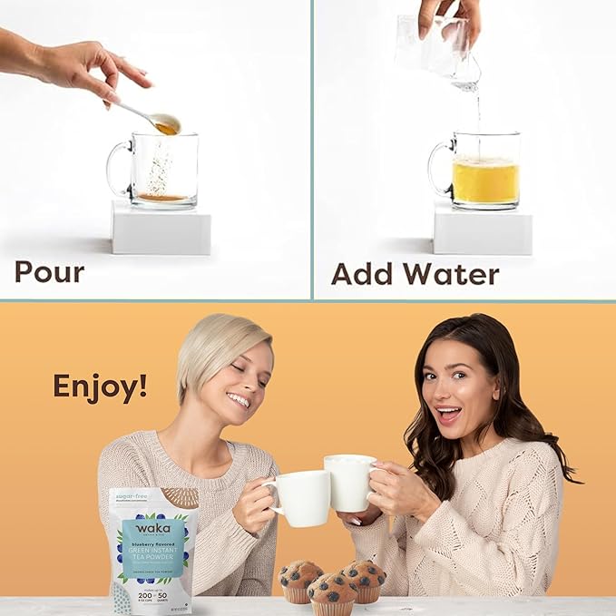 Waka Instant Green Tea Mix, Blueberry Flavored - 100% Tea Leaves, No Additives, Unsweetened Tea Powder in Bulk Pouch – Easy Quick Hot and Iced Teas, Up to 200 Cups (4.5oz)