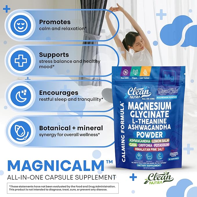 Magnesium Glycinate Powder Supplement + L Theanine Ashwagandha Glycine Apigenin Lemon Balm GABA 5HTP Pink Salt Potassium L Tryptophan Calcium | Powdered Sleep Aid Calm Trace Minerals Vitamin