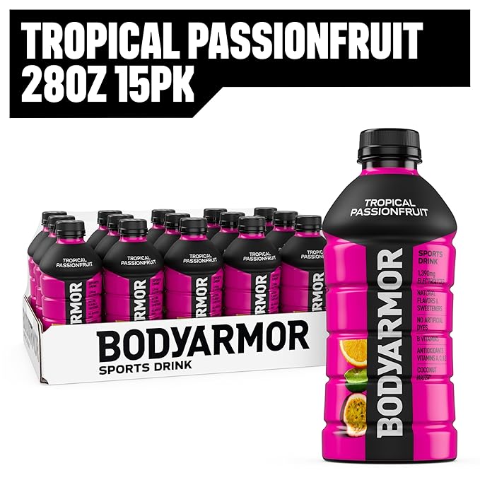 BODYARMOR Sports Drink, Tropical Passionfruit, Electrolyte Drink Hydration, 28 Fl Oz Bottles (15 Pack), Flavored Coconut Water with B Vitamins & Antioxidants