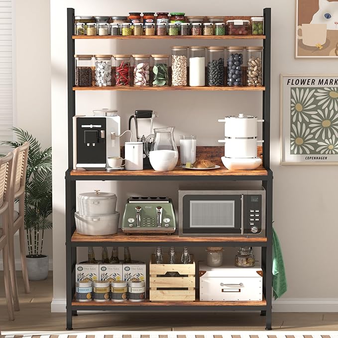 Kitchen Bakers Rack with Storage Shelves,5-Tier Free Standing Storage Shelf Rack with Hooks,Industrial Microwave Stand Shelf for Dining Room