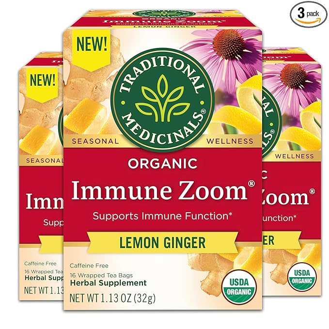Traditional Medicinals Tea, Organic Immune Zoom Lemon Ginger, Supports Immune Function, 48 Tea Bags (3 Pack)