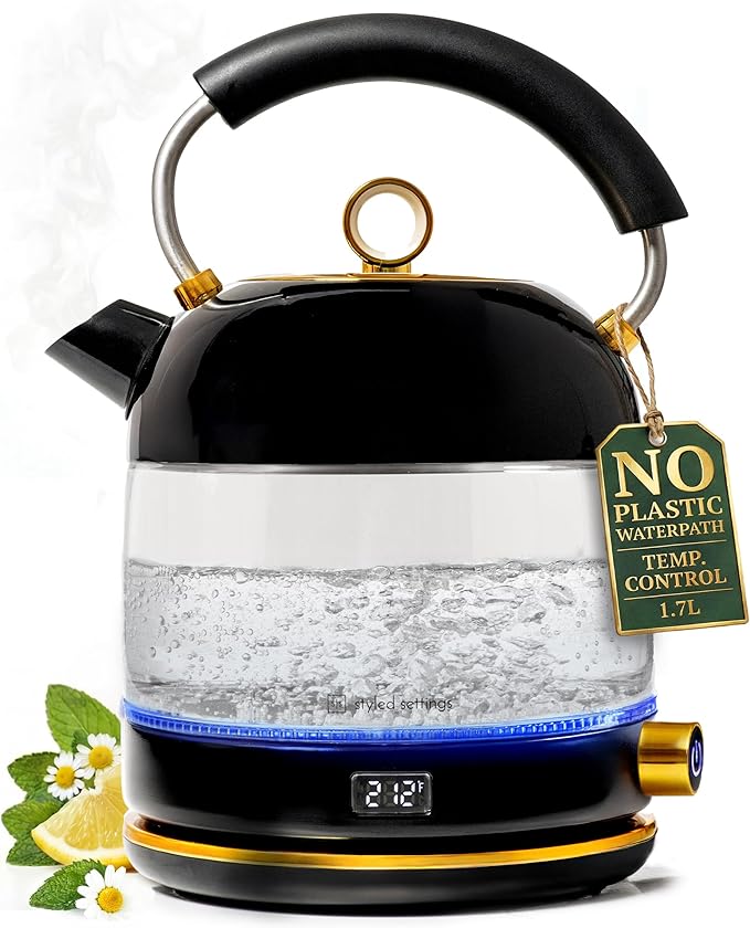 Glass Electric Kettle No Plastic, Stainless Steel, Auto Shut Off and Keep Warm Function - Black and Gold Tea Kettle with Temperature Control – 1500W Fast Hot Water Boiler for Coffee and Tea