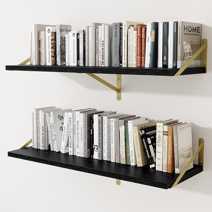 Deep Wall Shelves 40"W x 12"D Engineered Wood Floating Shelves for Wall, Sturdy Metal Bracket(Gold) Bookshelves Home Decor Storage for Living Room Bedroom Bathroom Kitchen, Set of 2, Black Finish
