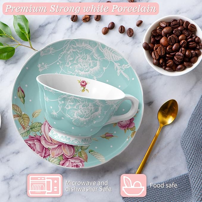 London Boutique Tea Cup and Saucer Set 1 Afternoon Tea Set New Bone China Vintage Flora Gift Box 200m (Turquoise)