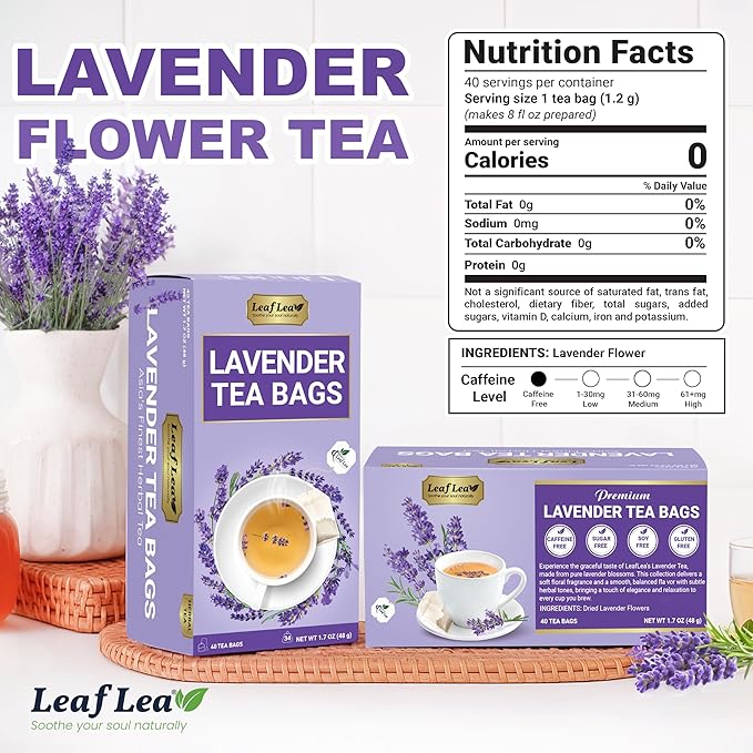 LeafLea 40 Premium Lavender Tea Bags, Natural Lavender Flowers, Lavendar Herbal Tea with Delicate Floral Aroma & Smooth Flavor, Relaxing Evening Infusion, No Caffeine, No Sugar, Individually Wrapped